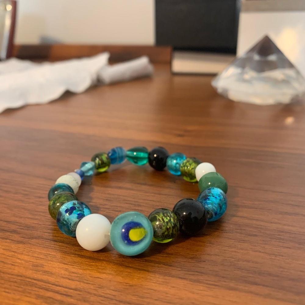 Multicolor Bracelet with Blue Green Natural Glass beads elastic